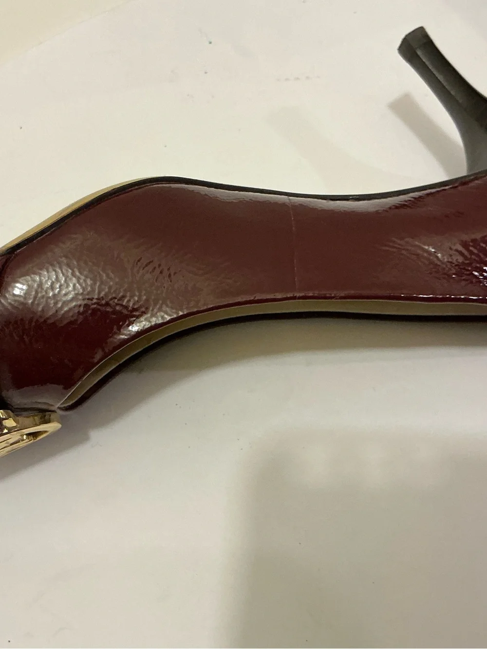 Michael Kors Burgundy Patent Leather Mid-Heel Pumps with Gold MK Emblem